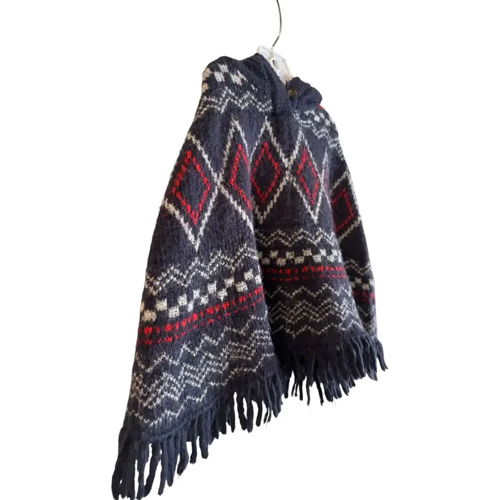 Oshkosh B’gosh Girls Poncho Sweater Hooded Fringe Fair Isle Blue Size 3T